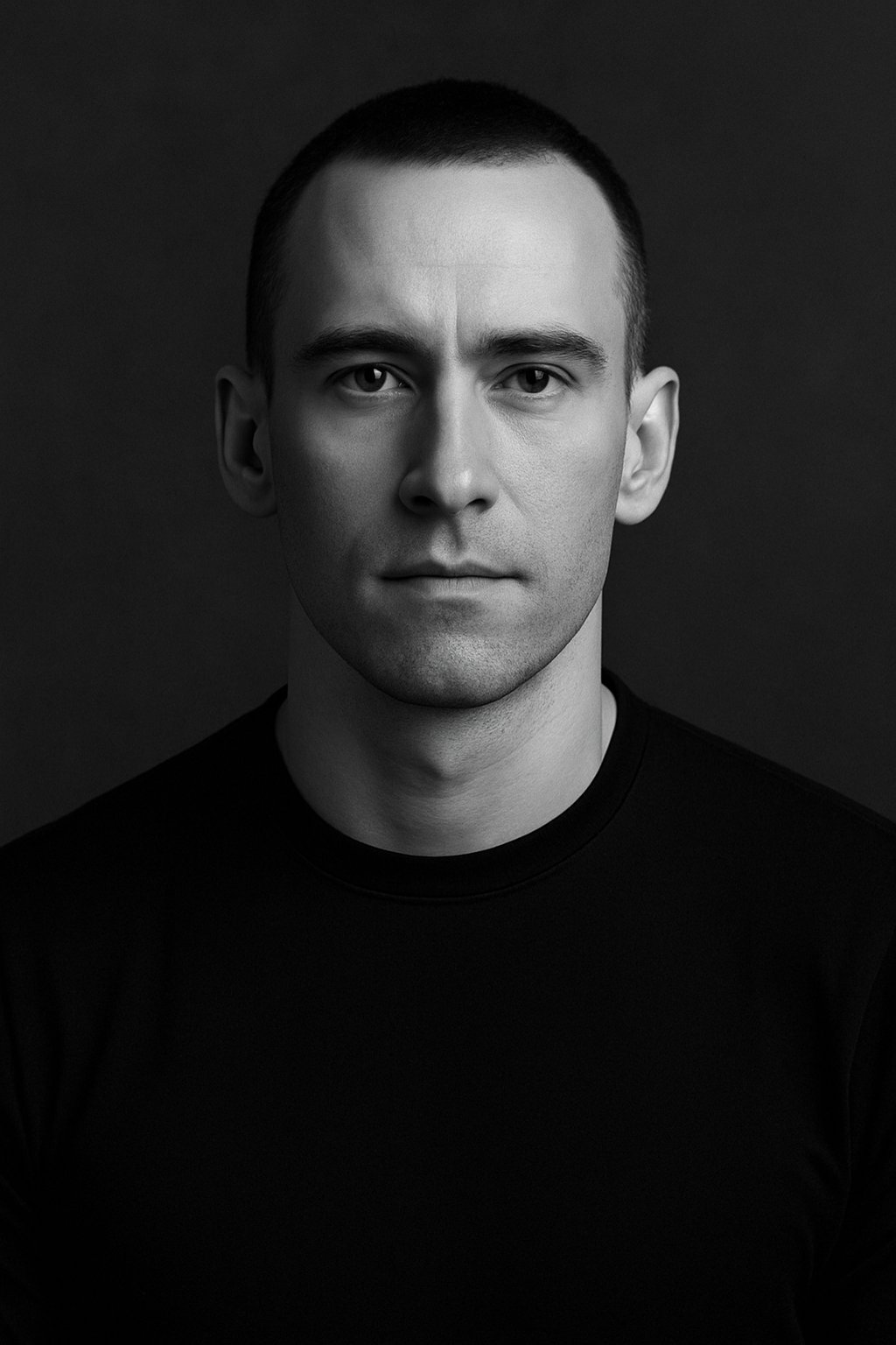 Portrait of the coach, direct gaze in black and white.